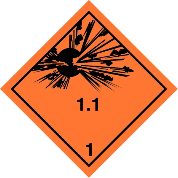 IMDG sign with class numbers, Class 1, Explosive Div. 1.1, 250mm x 250mm, White Vinyl - Maritime Progress